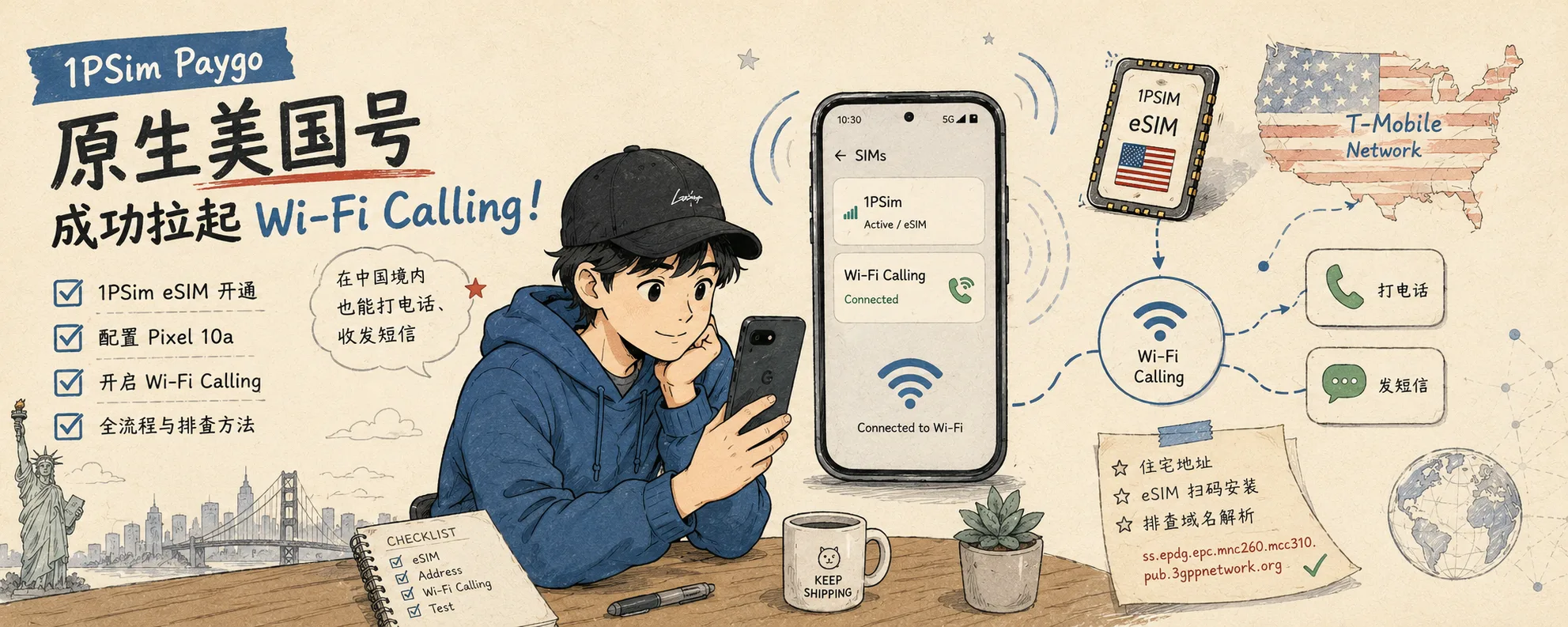 1PSim 美国原生手机号开通教程：eSIM 与 Wi-Fi Calling 全流程